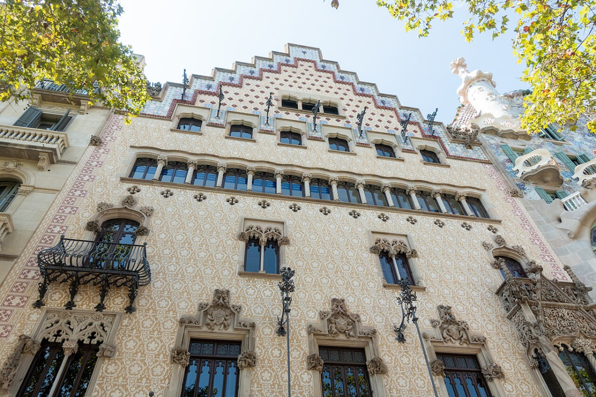 Stepped facade and decorative balconies of Casa Amatller on Passeig de Gràcia