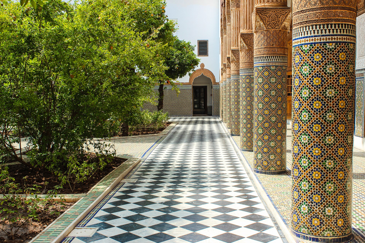 Tiled columns and the courtyard at Dar El Bacha, Marrakech, photographed in 2019 Tiled columns and the courtyard at Dar El Bacha, Marrakech, photographed in 2019