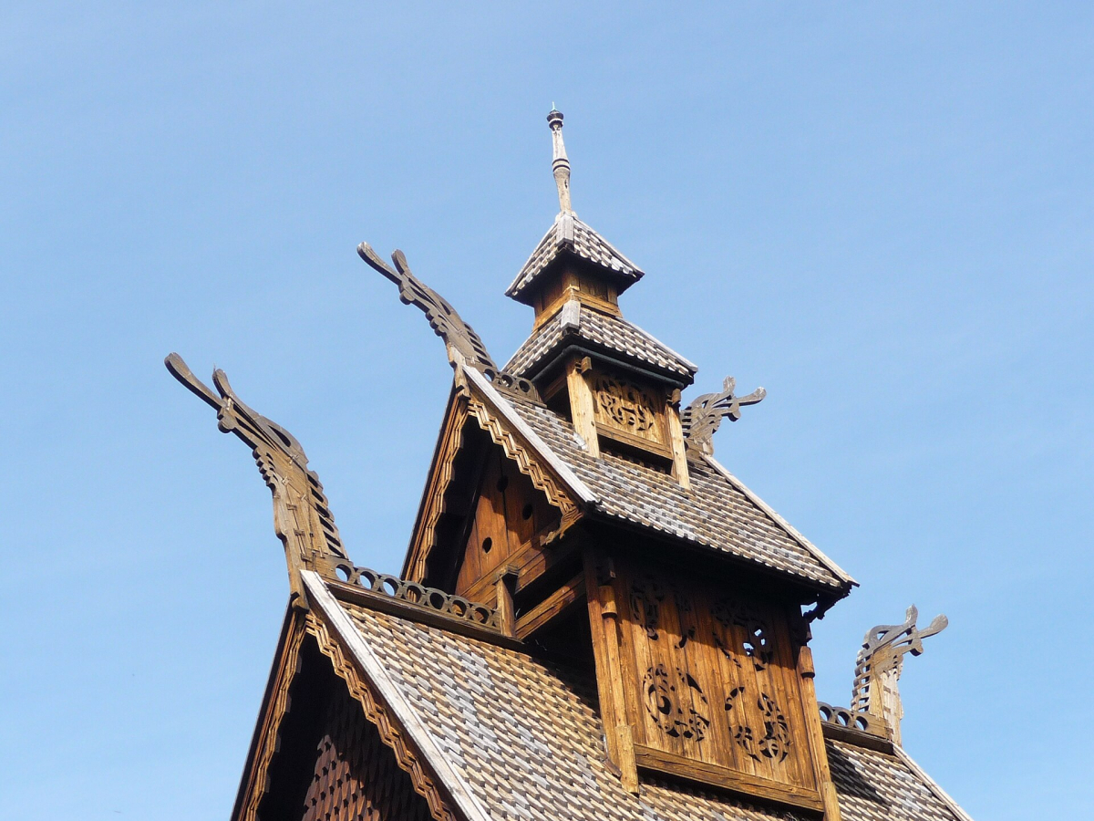 Roof details of Gol stave church at Norsk Folkemuseum, photographed in 2010.