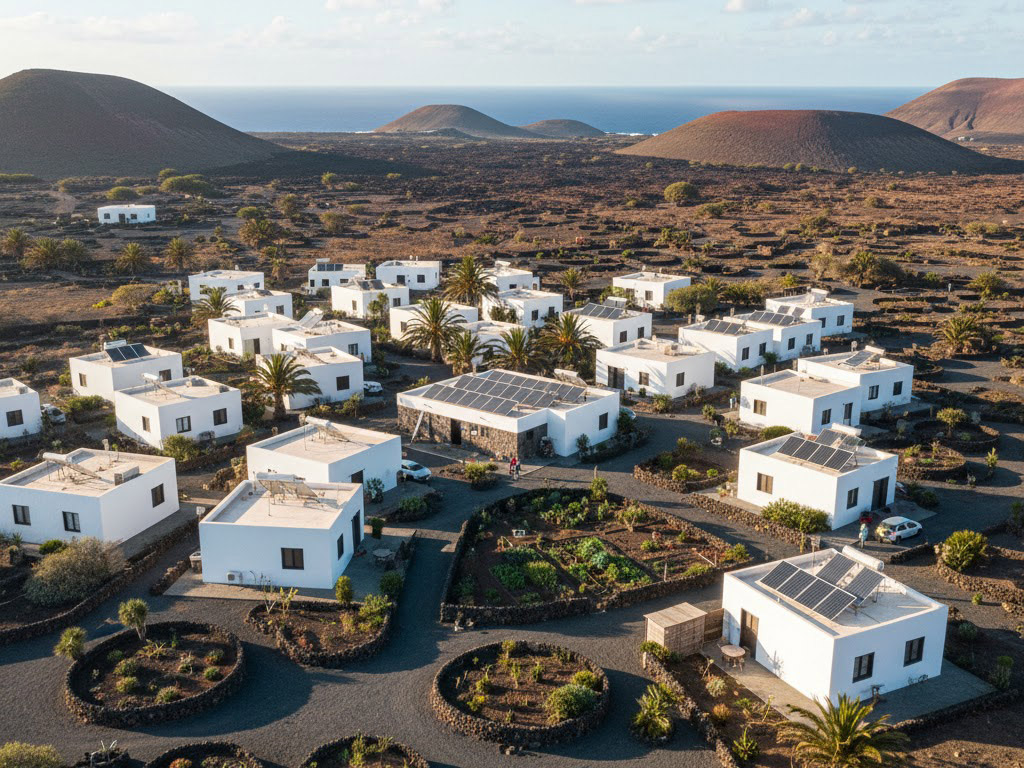 Eco village with solar panels and traditional white houses in Lanzarote
