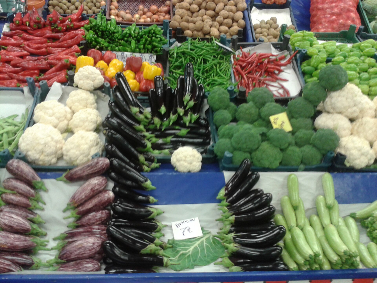 Eggplants, peppers, courgettes and other vegetables displayed at an Ankara food market