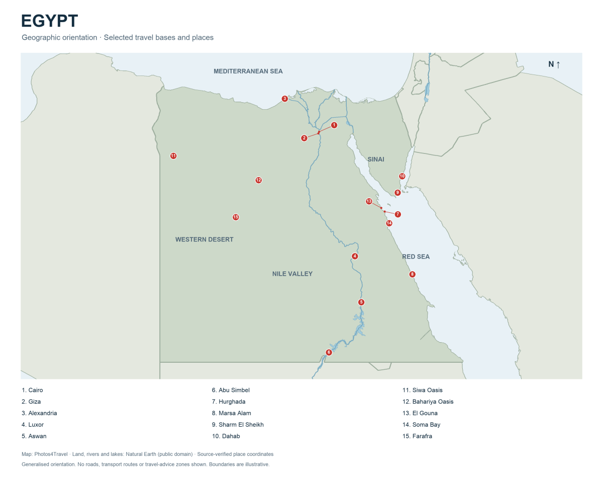 Egypt orientation map showing the Nile Valley, selected cities, Red Sea bases and Western Desert oases Egypt orientation map showing the Nile Valley, selected cities, Red Sea bases and Western Desert oases