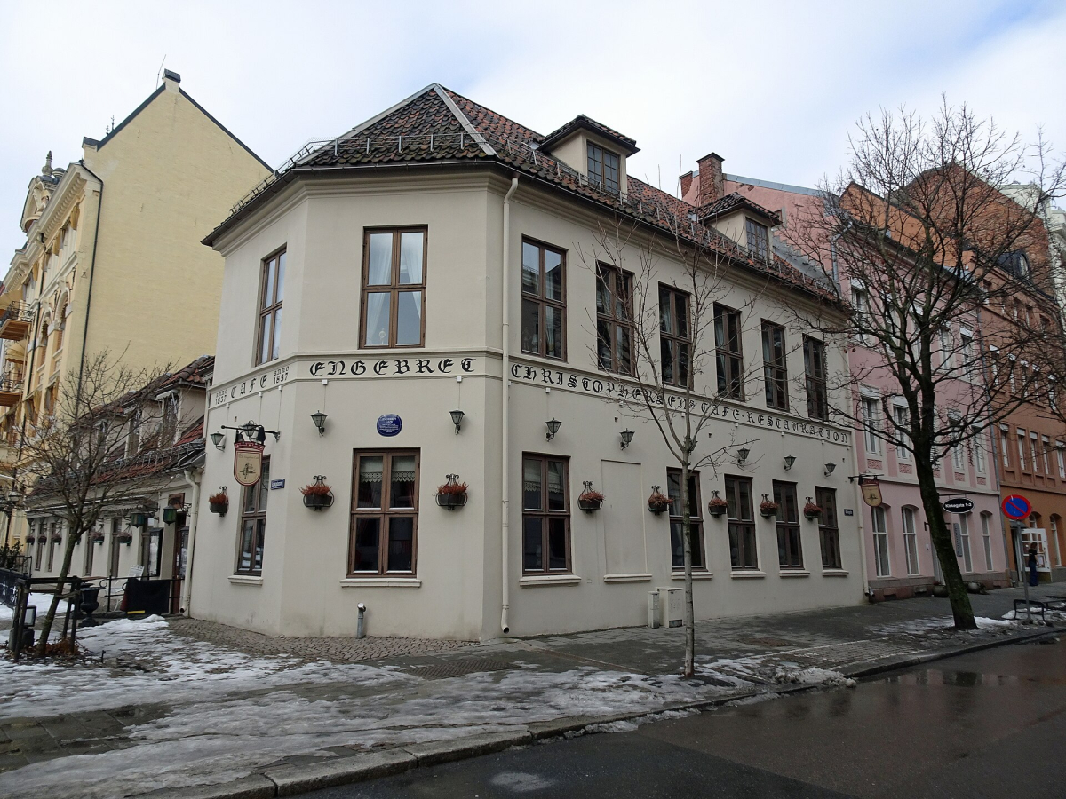 Engebret Café on Bankplassen in Oslo, photographed in March 2023.
