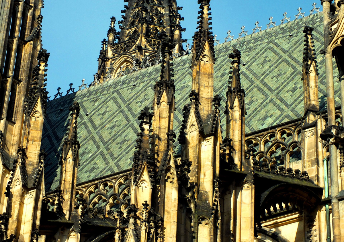Decorative roof and stonework on St Vitus Cathedral in Prague
