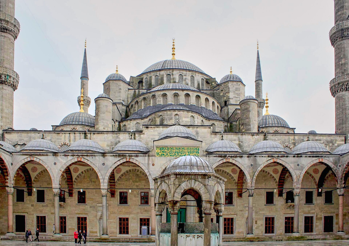 The Blue Mosque and its courtyard in Istanbul