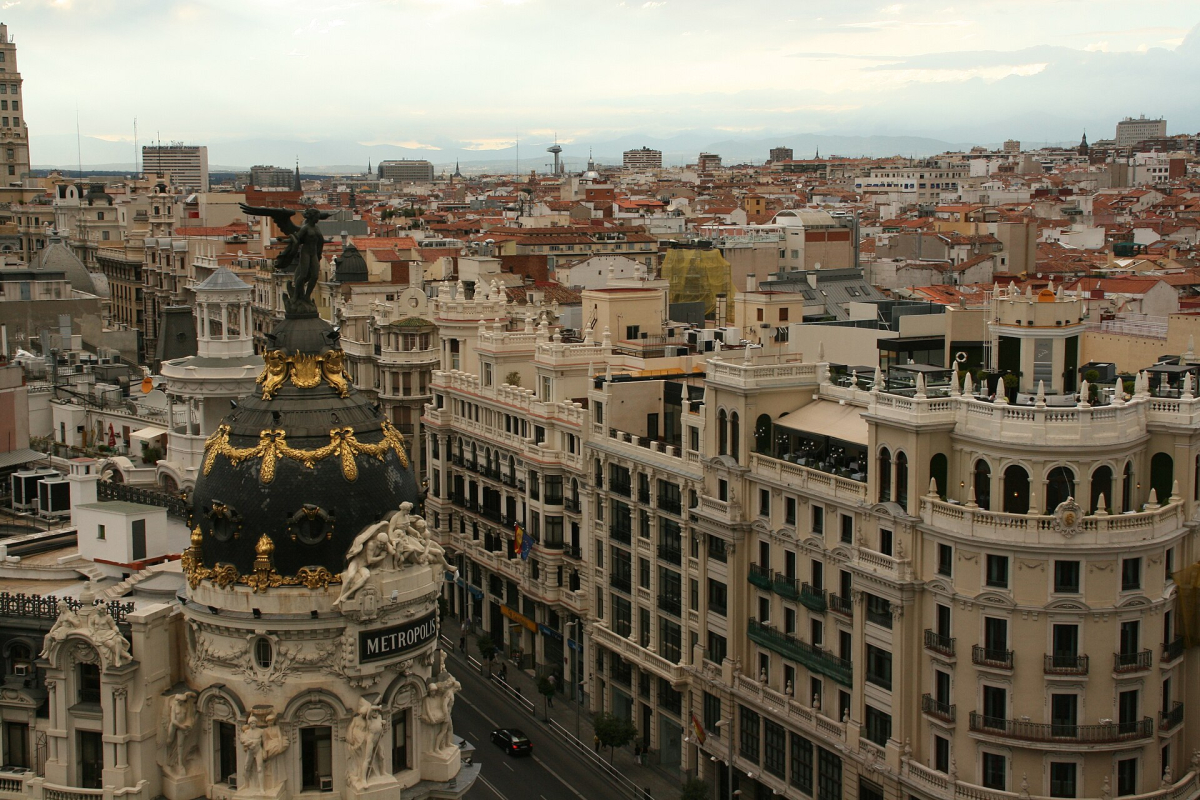 Madrid’s Gran Vía and Metrópolis building viewed from above.
