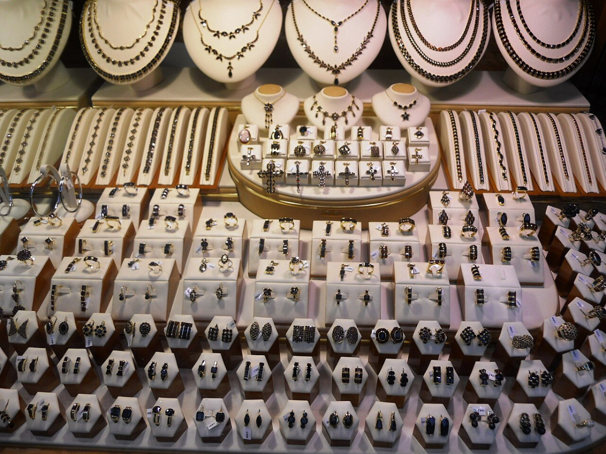 Necklaces, rings and earrings displayed in a Prague jewellery shop