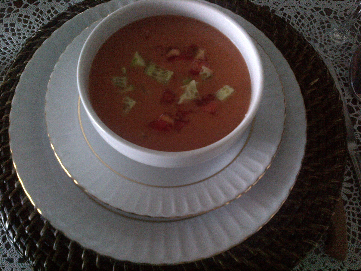 Gazpacho in a white bowl