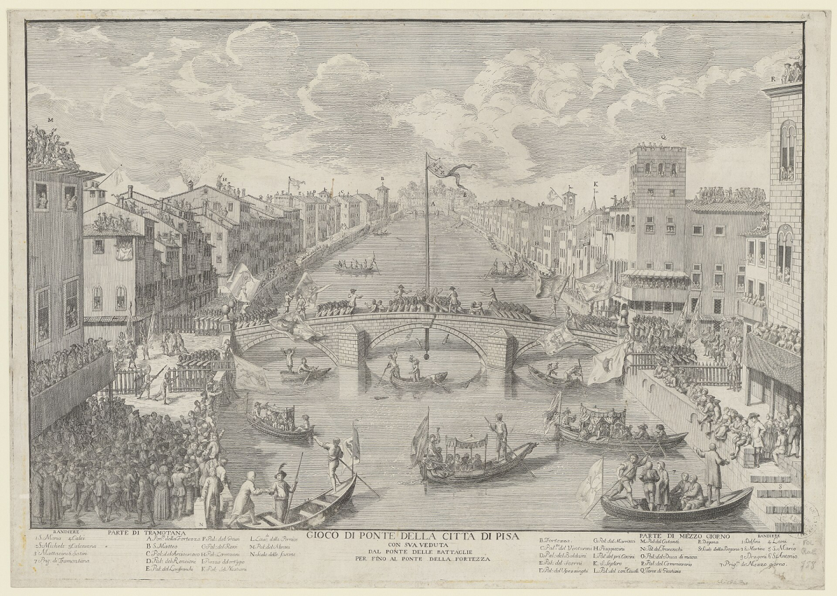 A historical print of the Gioco del Ponte, illustrating the tradition rather than a current event layout. A historical print of the Gioco del Ponte, illustrating the tradition rather than a current event layout.