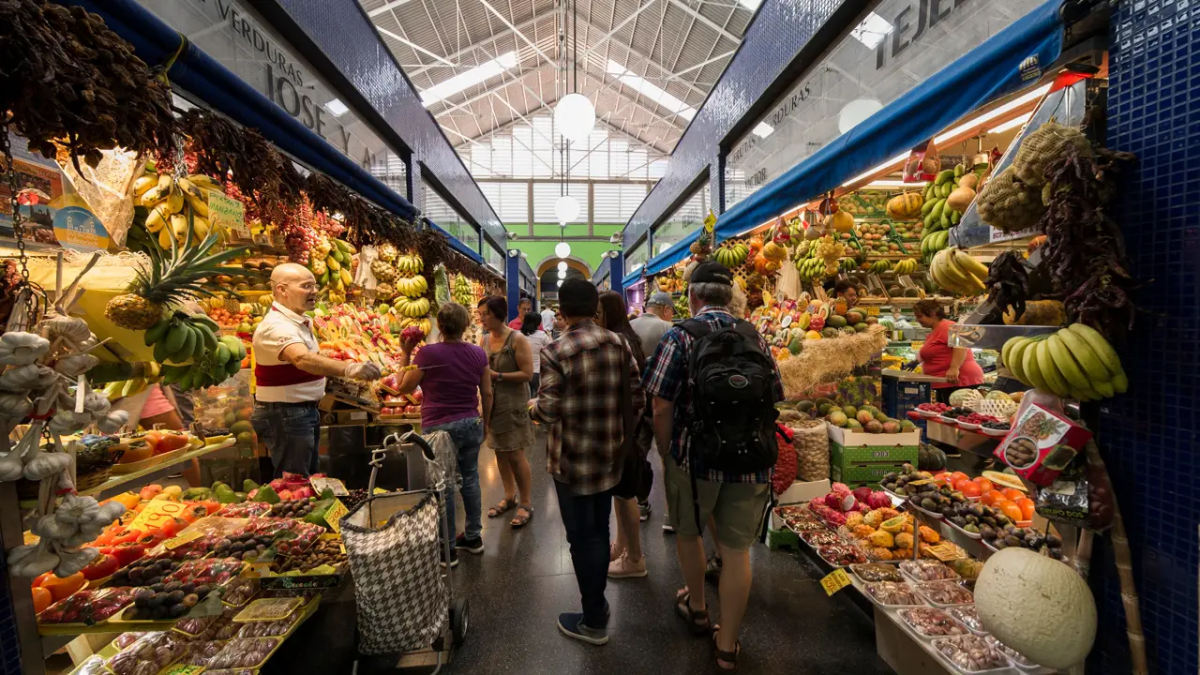 Local food market in the Canary Islands with fruits, cheeses and baked goods