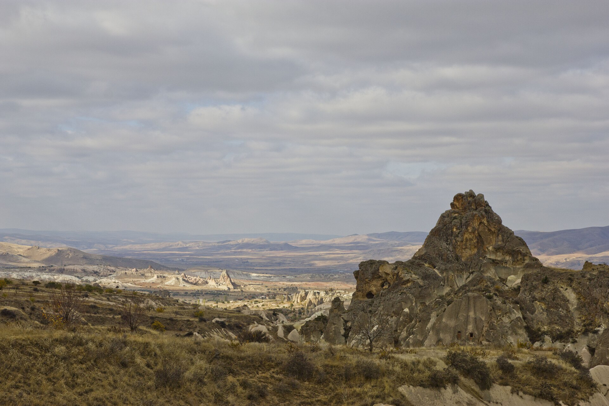 Rock formations and open valleys viewed from a walk in Cappadocia’s Rose Valley