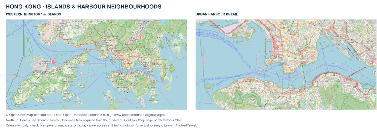 Hong Kong geographic orientation map Hong Kong islands and harbour neighbourhood map with territory and urban detail panels