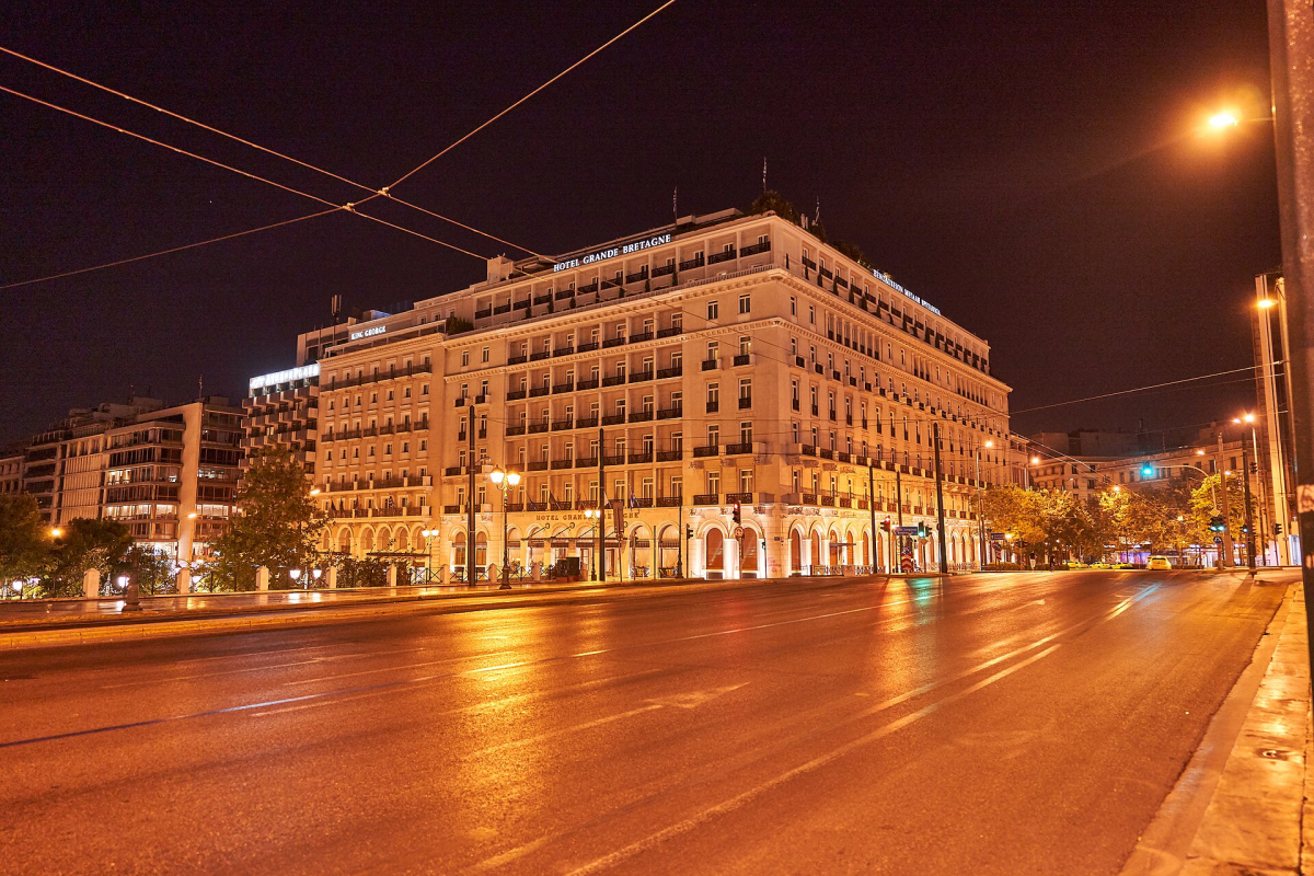 Hotel Grande Bretagne exterior at night, photographed in 2019.
