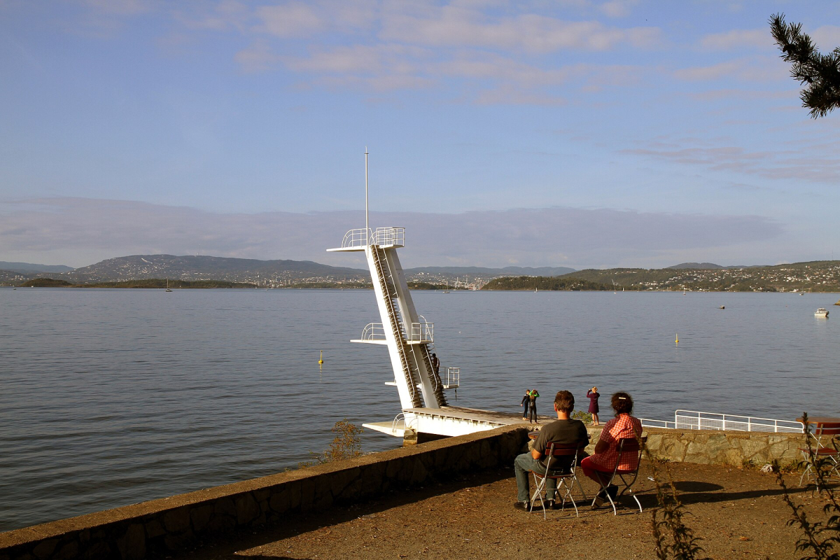The distinctive diving tower at Ingierstrand, photographed in September 2016. Use is subject to local signs and current conditions. The distinctive diving tower at Ingierstrand, photographed in September 2016. Use is subject to local signs and current conditions.