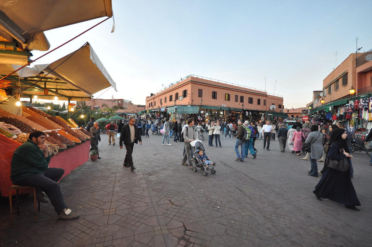 Pedestrians and food stalls around Jemaa el-Fna Pedestrians and food stalls around Jemaa el-Fna