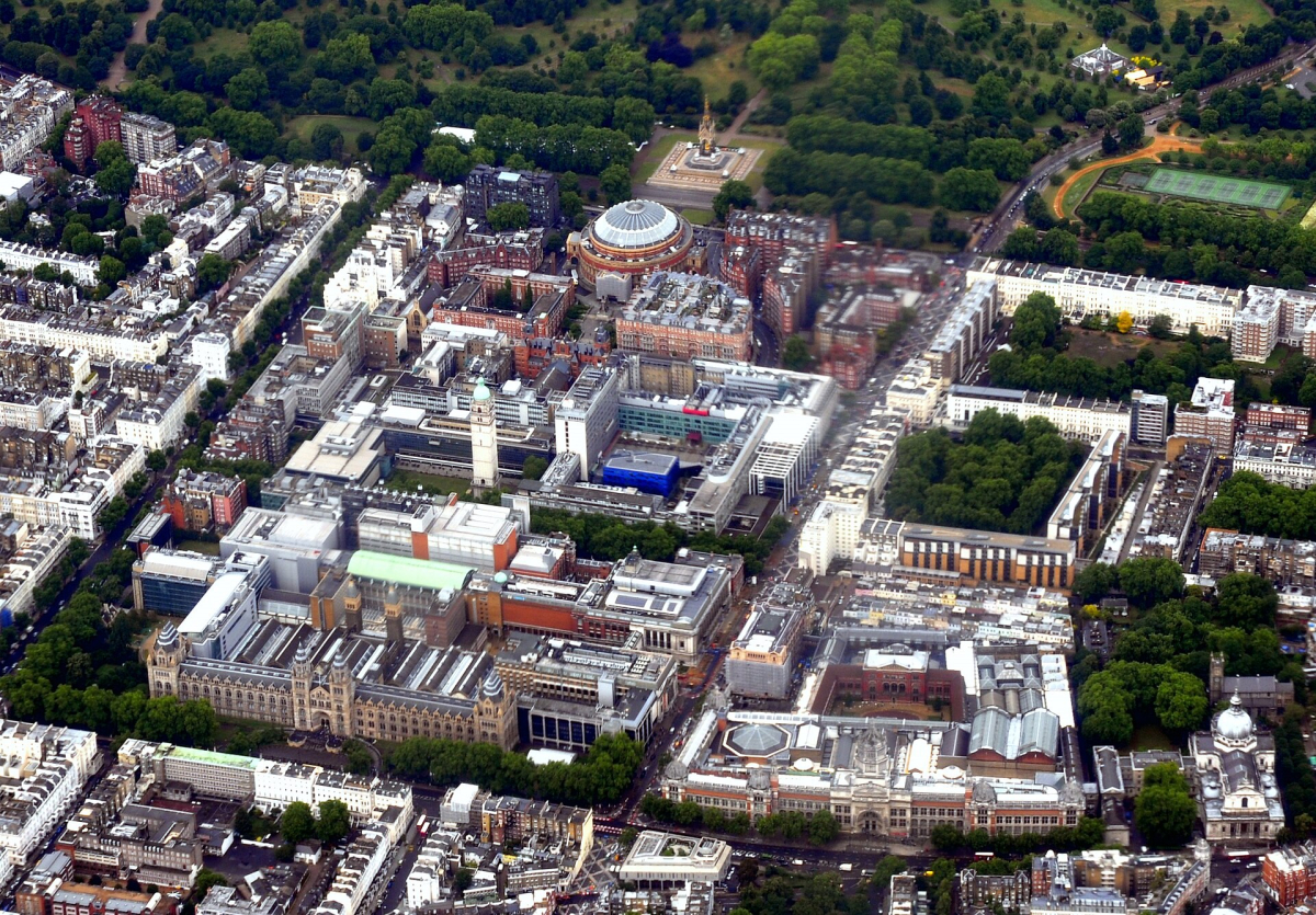 South Kensington’s museums seen from above in 2011; general collections and special exhibitions may have different ticket rules.