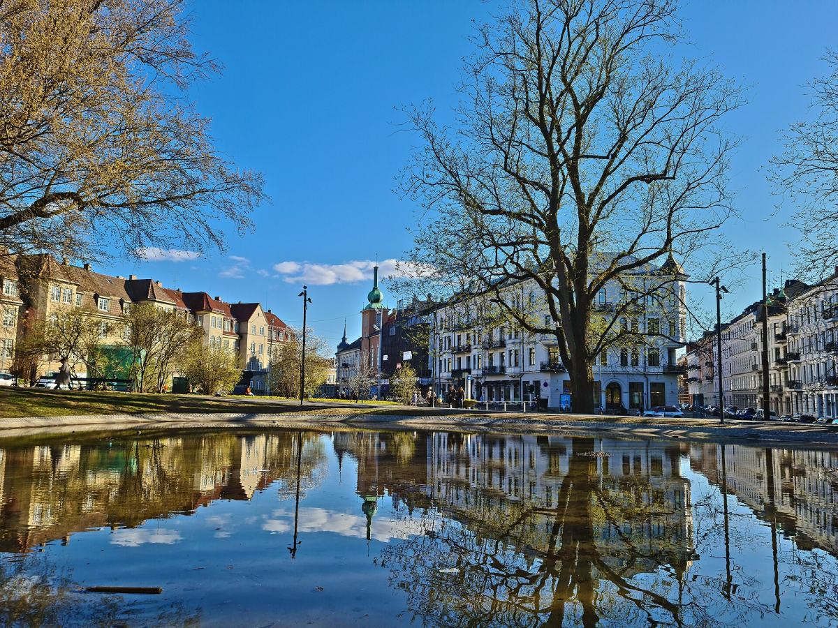 Early May at Knud Knudsens plass beside St. Hanshaugen Park, photographed on 5 May 2023. Trees are still coming into leaf.