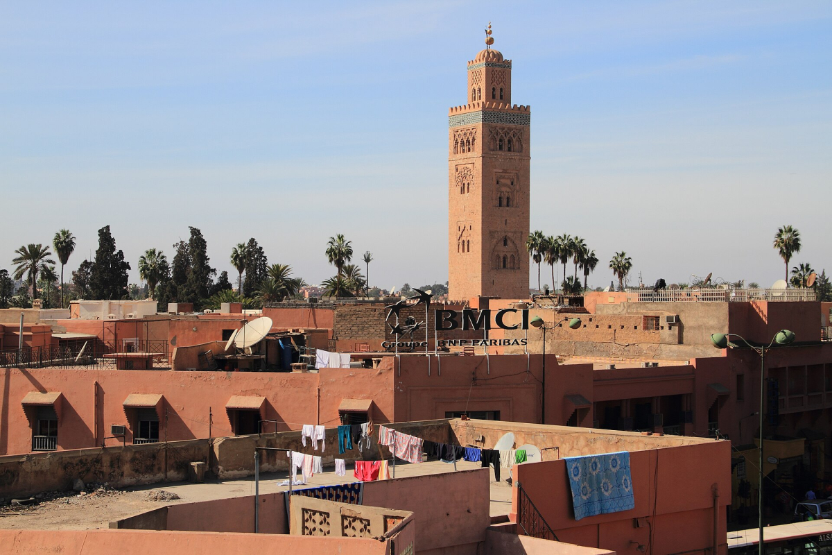 Koutoubia minaret above Marrakech rooftops