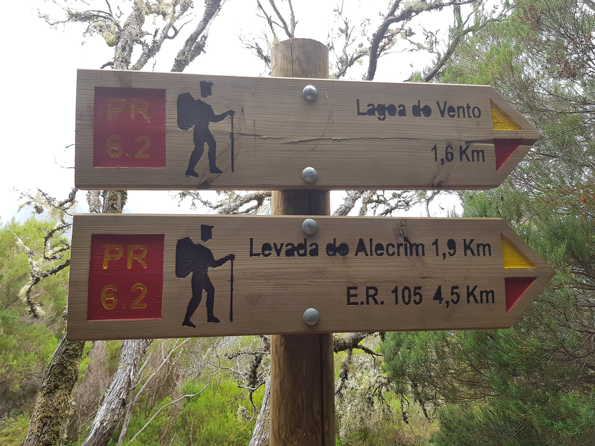 Madeira route signs for Lagoa do Vento and Levada do Alecrim; check current trail conditions before walking Madeira route signs for Lagoa do Vento and Levada do Alecrim; check current trail conditions before walking