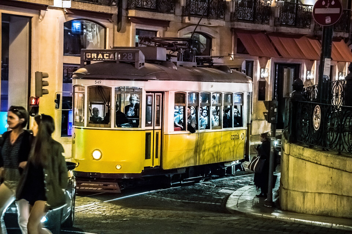 A crowded Lisbon tram at night A crowded Lisbon tram at night