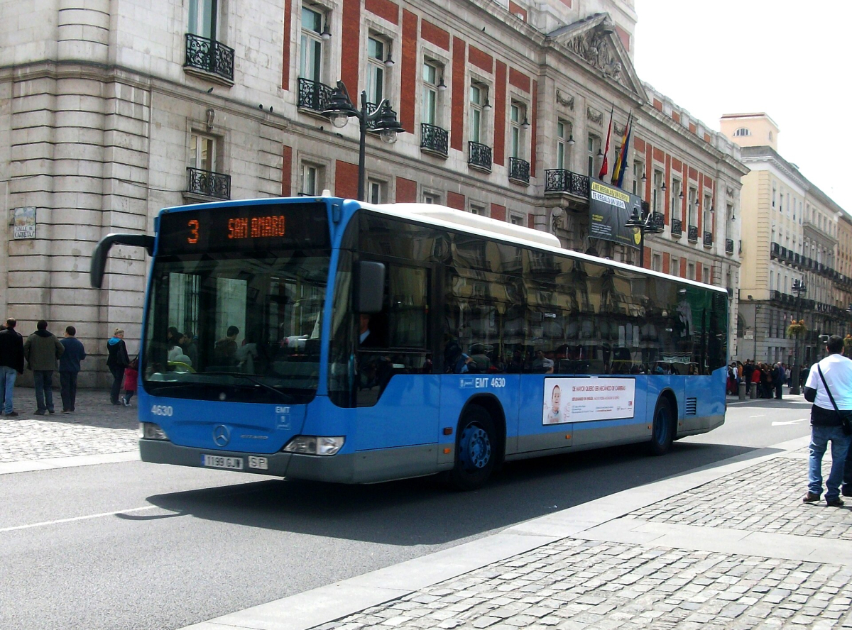 An EMT city bus in central Madrid.