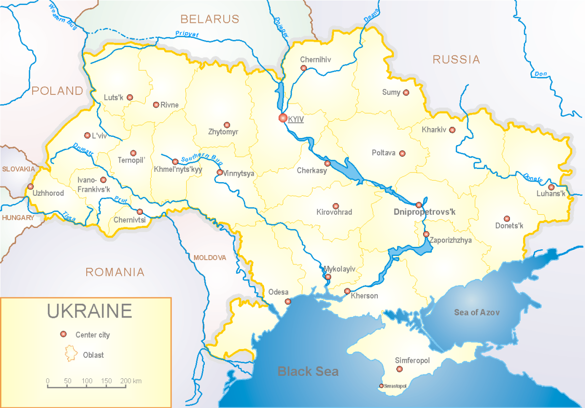 Legacy reference map of Ukraine with oblast boundaries, cities and Crimea