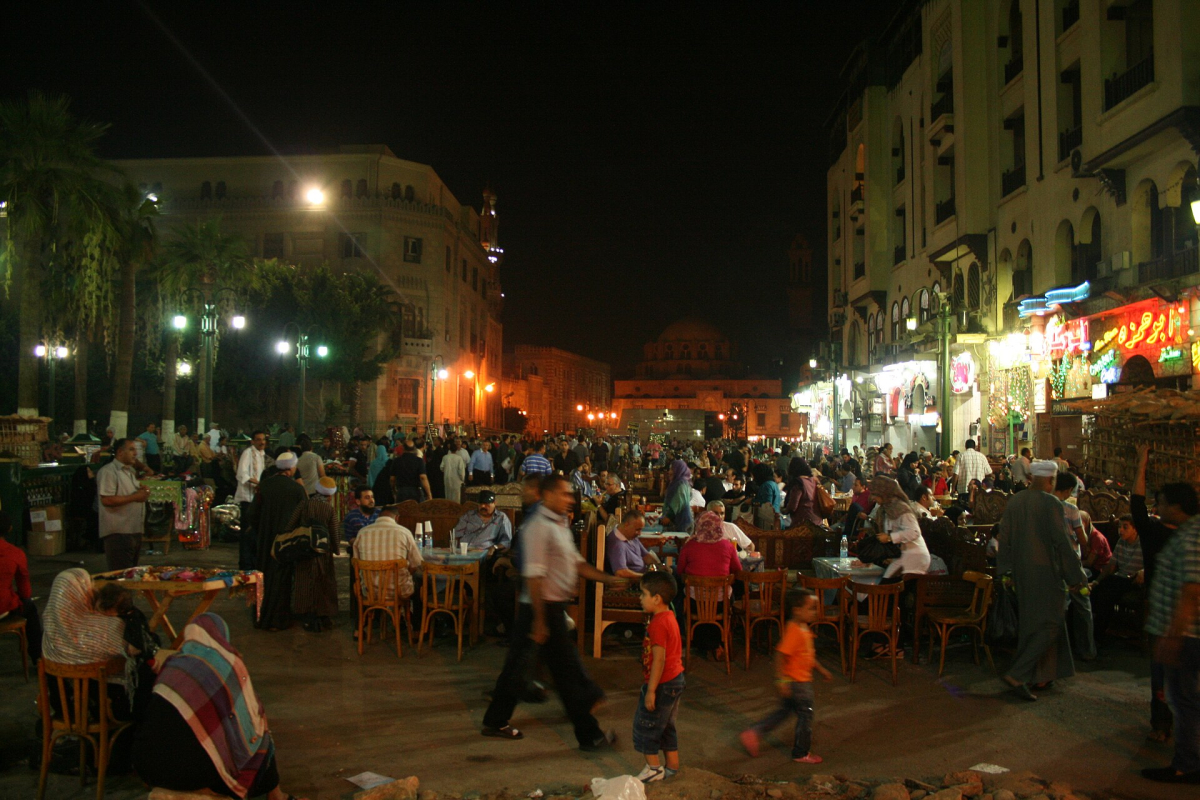 Evening tables and market stalls in Khan el Khalili Evening tables and market stalls in Khan el Khalili