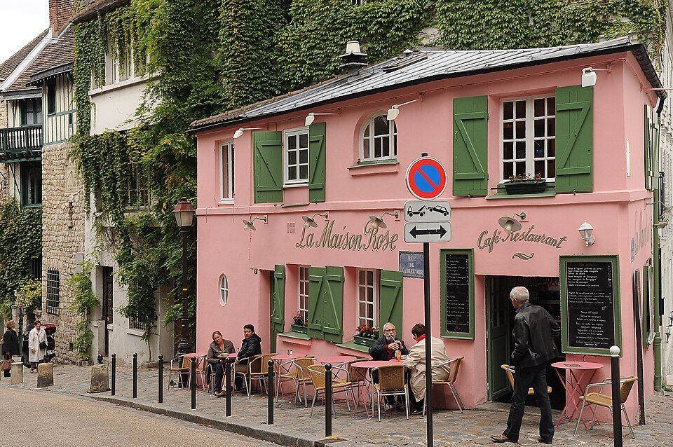 La Maison Rose at the corner of Rue de l’Abreuvoir in Montmartre.