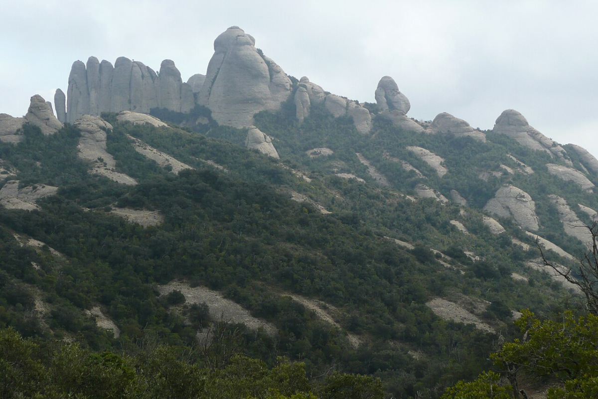 Rock formations rising above wooded slopes in the Montserrat mountain landscape