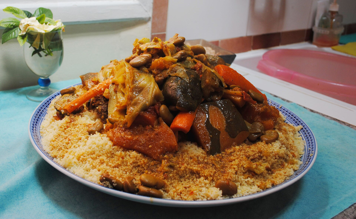 A platter of Moroccan couscous with vegetables A platter of Moroccan couscous with vegetables