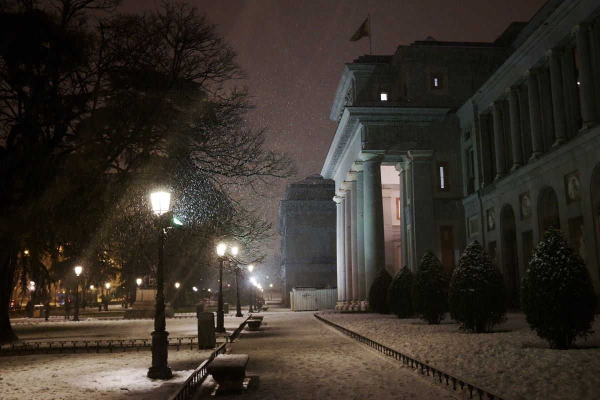 Snow outside the Prado in January 2021; this is an exceptional winter scene.