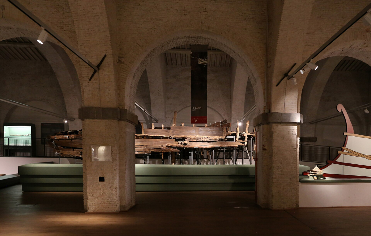 Ancient vessel remains displayed beneath the museum’s vaulted interiors.