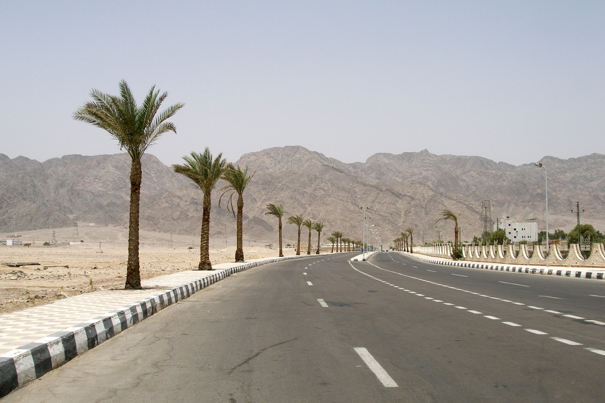 Road through the arid mountain landscape near Nuweiba Road through the arid mountain landscape near Nuweiba