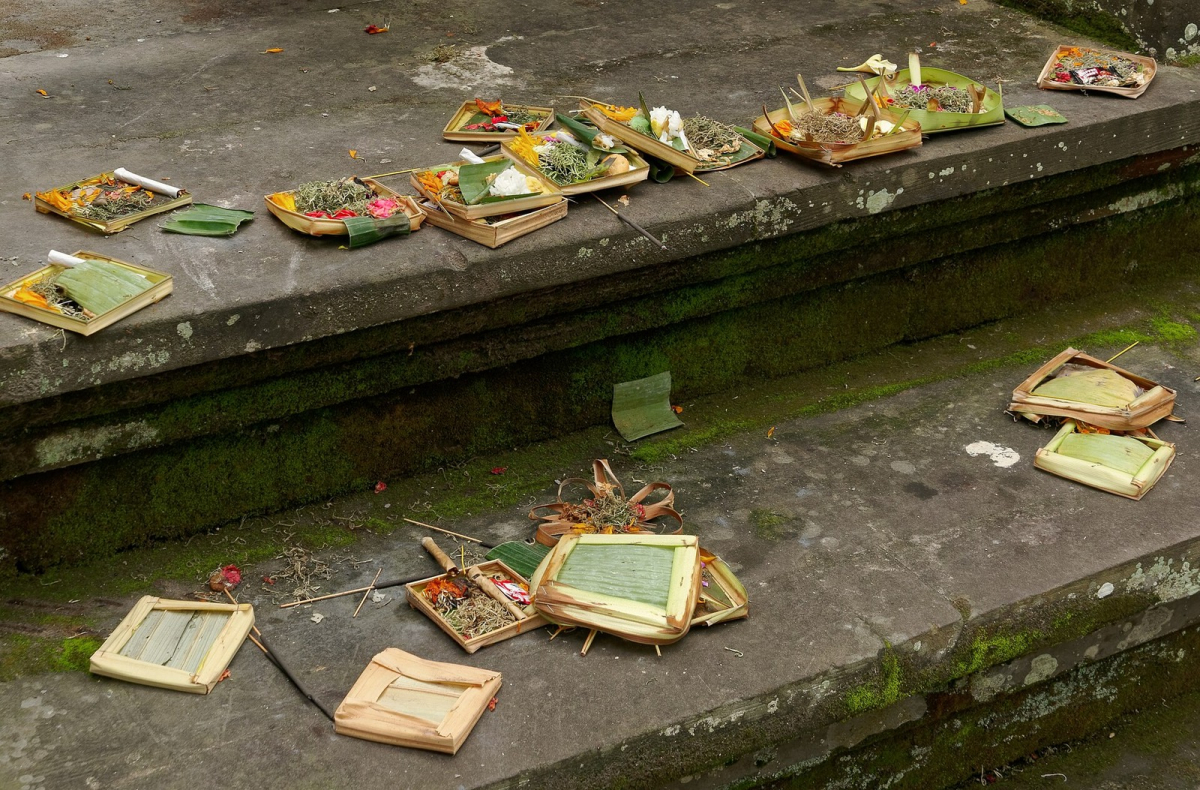 Offerings beside a street in Ubud. Offerings beside a street in Ubud