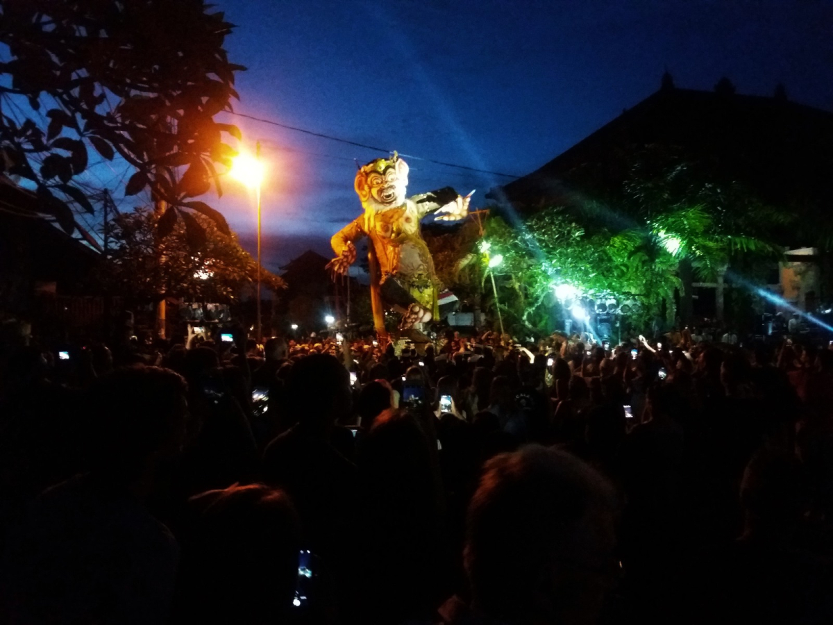 Ogoh-ogoh figures carried during the Ngrupuk parade in Ubud