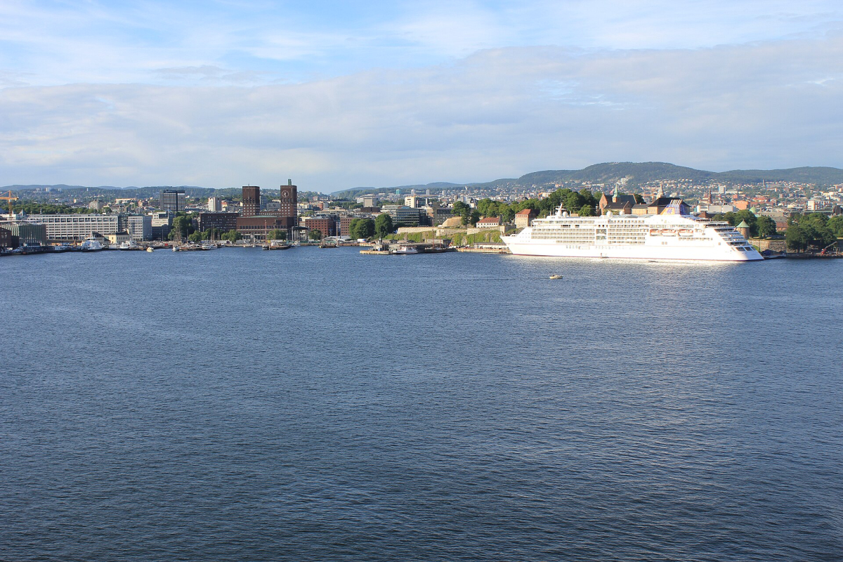 Oslo’s City Hall and central waterfront seen from the fjord in June 2014.