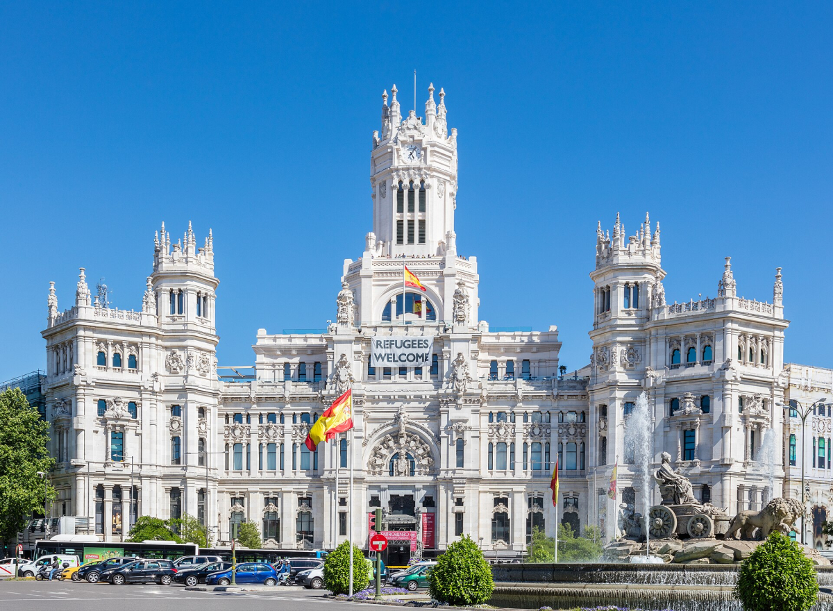 Cibeles Palace seen from the surrounding public streets.