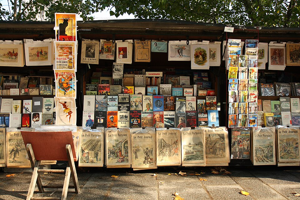Open-air bookstalls on Quai de Montebello in the Latin Quarter.