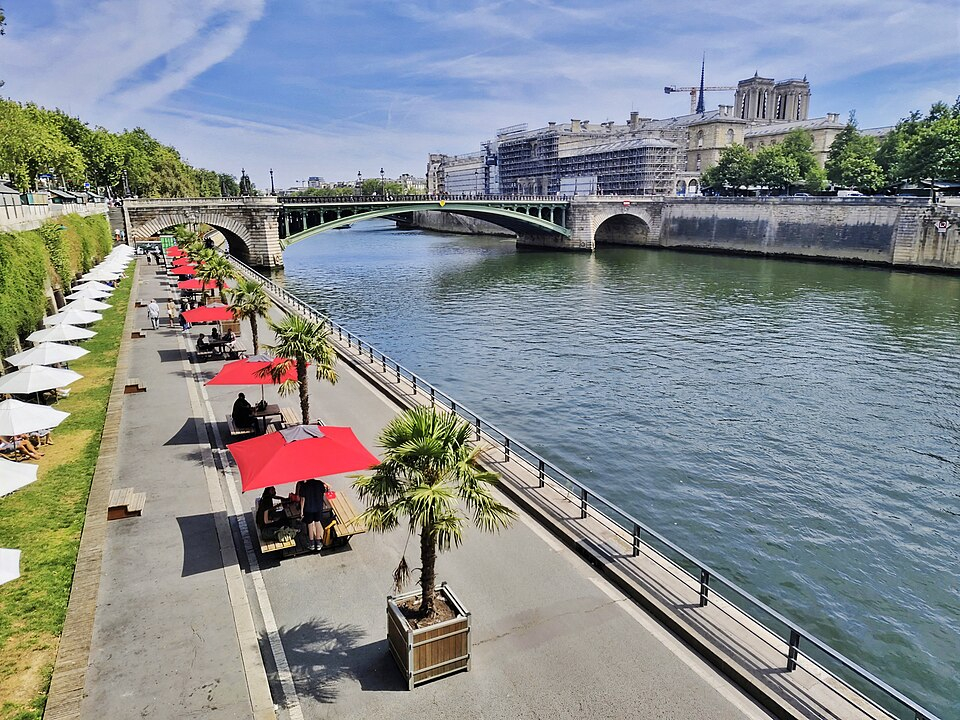 Palm trees and parasols at a past edition of Paris Plages beside the Seine; seasonal layouts change.