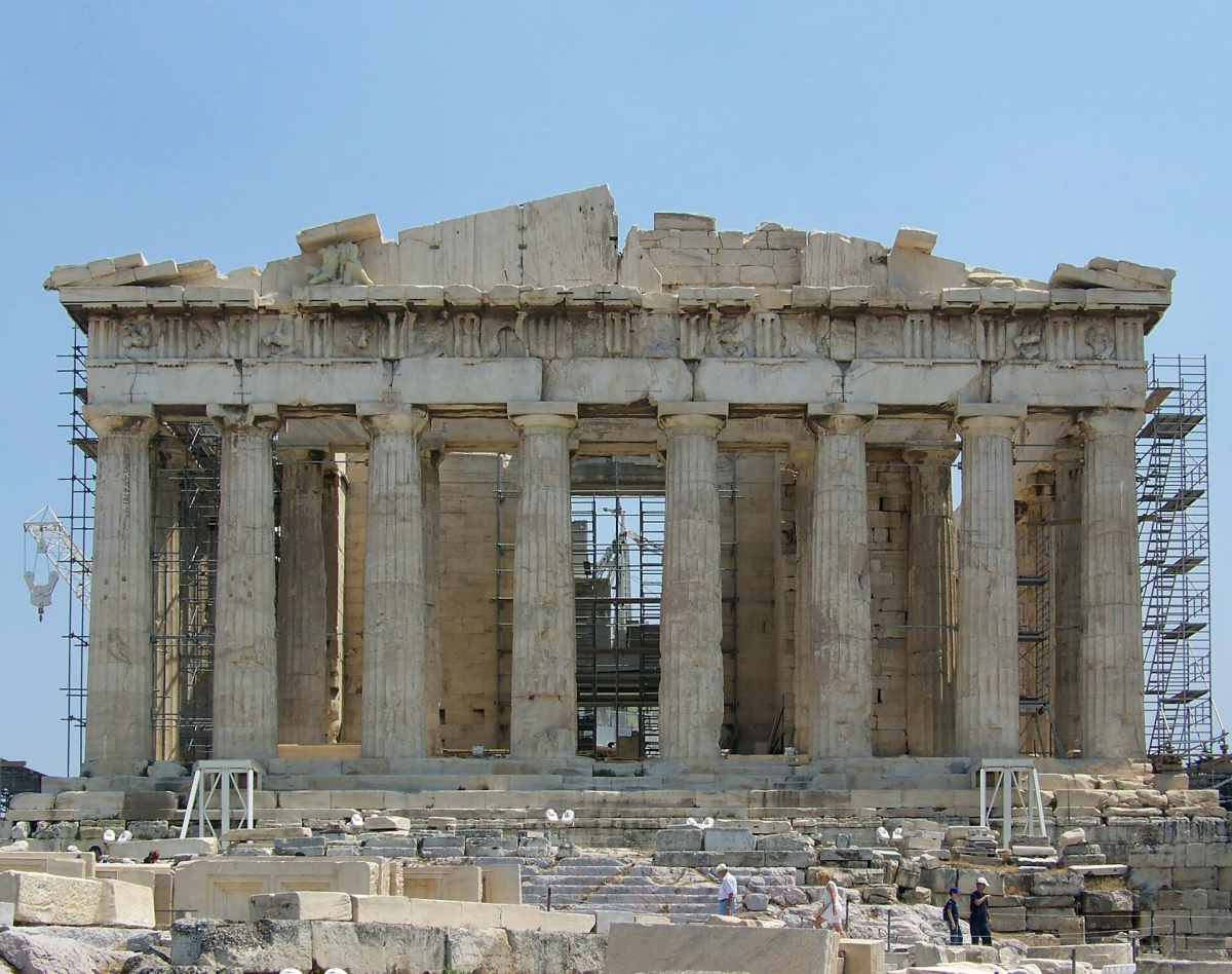 The Parthenon’s western facade during restoration. The Parthenon’s western facade during restoration.