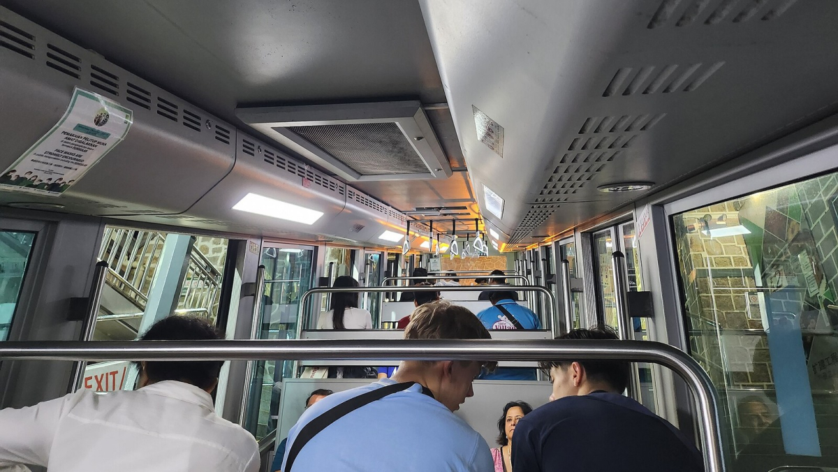Inside a Penang Hill funicular carriage in 2023; confirm current ticket and access arrangements. Inside a Penang Hill funicular carriage in 2023; confirm current ticket and access arrangements.