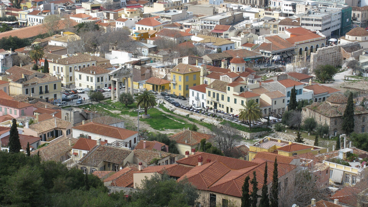 Plaka’s buildings below the Acropolis. Plaka’s buildings below the Acropolis.