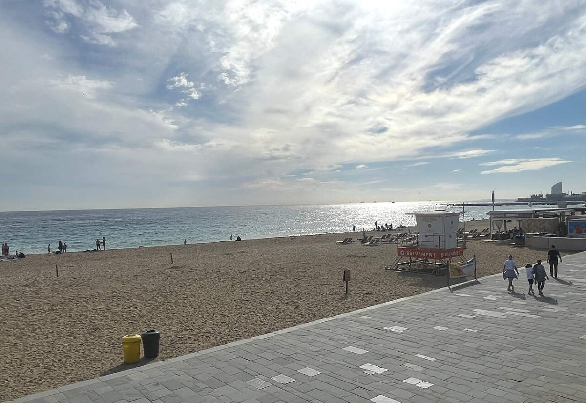 Bogatell beach and promenade in Barcelona under a cloudy sky