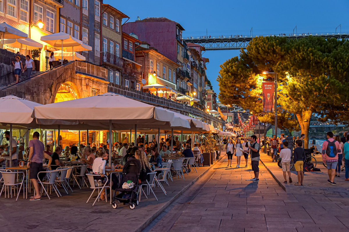 Restaurant terraces beside the Ribeira waterfront in Porto Restaurant terraces beside the Ribeira waterfront in Porto