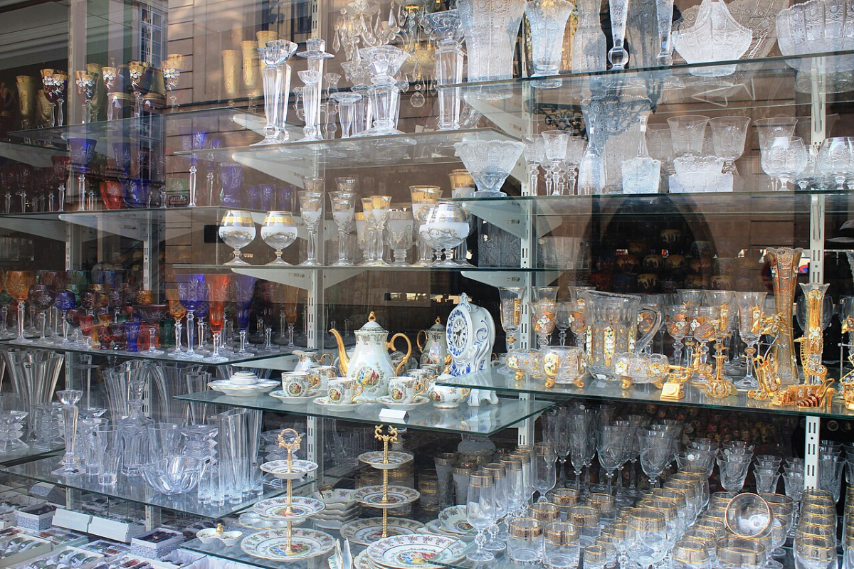 Decorated glassware and porcelain displayed in a Prague shop window