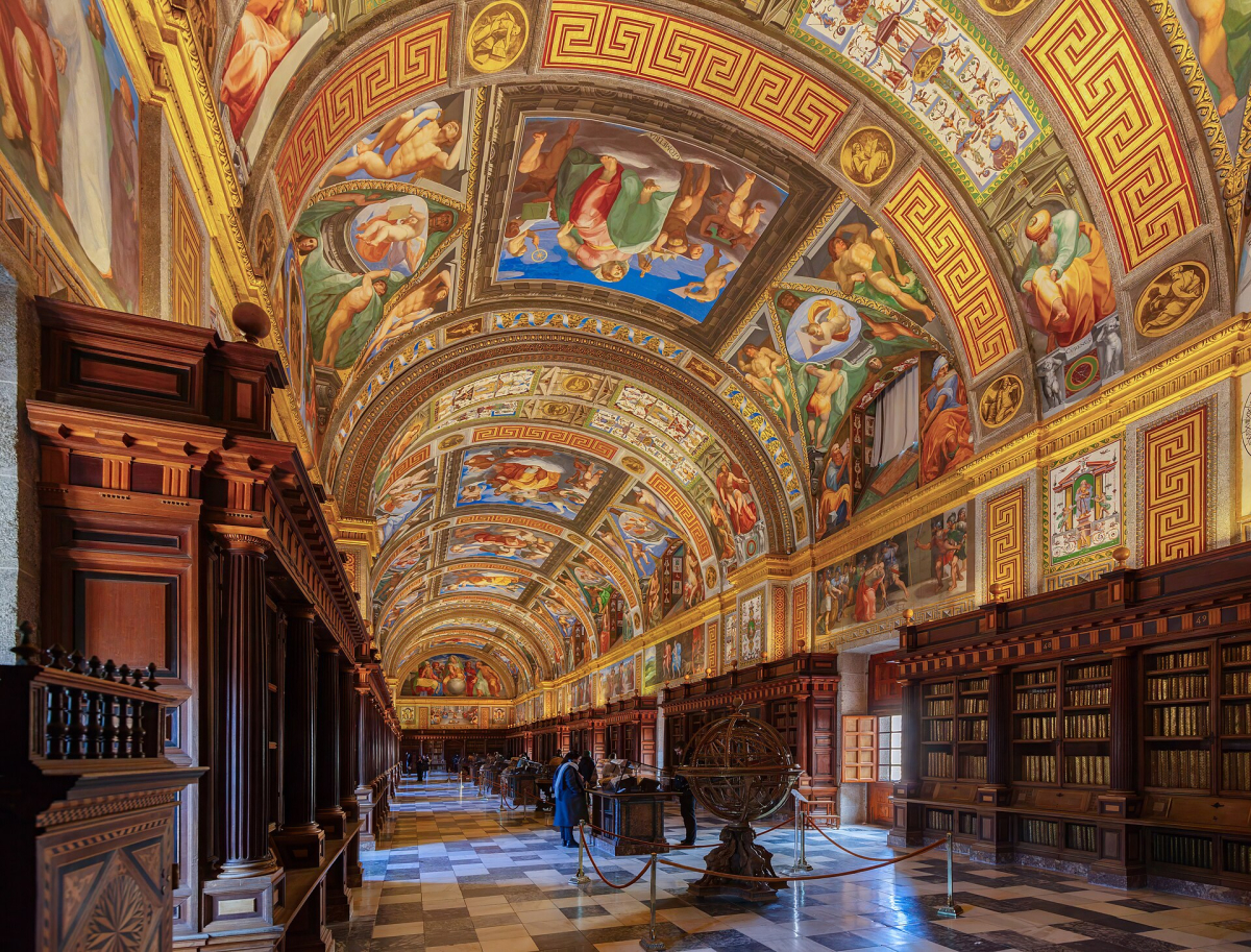 Interior architecture at the Royal Monastery of El Escorial; check current visit and photography rules. Interior architecture at the Royal Monastery of El Escorial; check current visit and photography rules.
