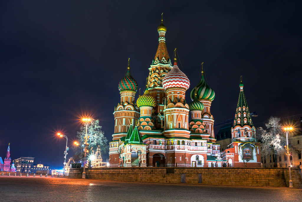 Red Square and St. Basil’s Cathedral illuminated at night