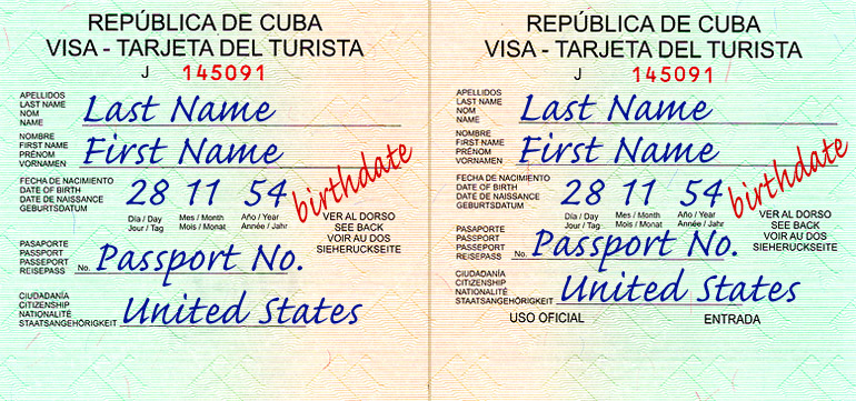 Sample of a Cuban visa tourist card