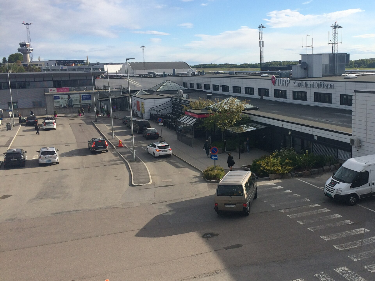 Sandefjord Airport Torp terminal in Norway, photographed on 27 May 2015; follow current signs for your transfer.