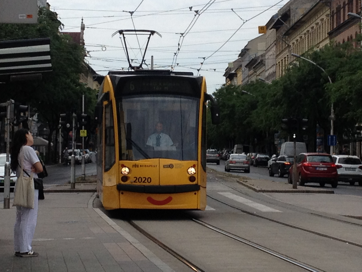 Low-floor Combino tram at Blaha Lujza tér in Budapest Low-floor Combino tram at Blaha Lujza tér in Budapest